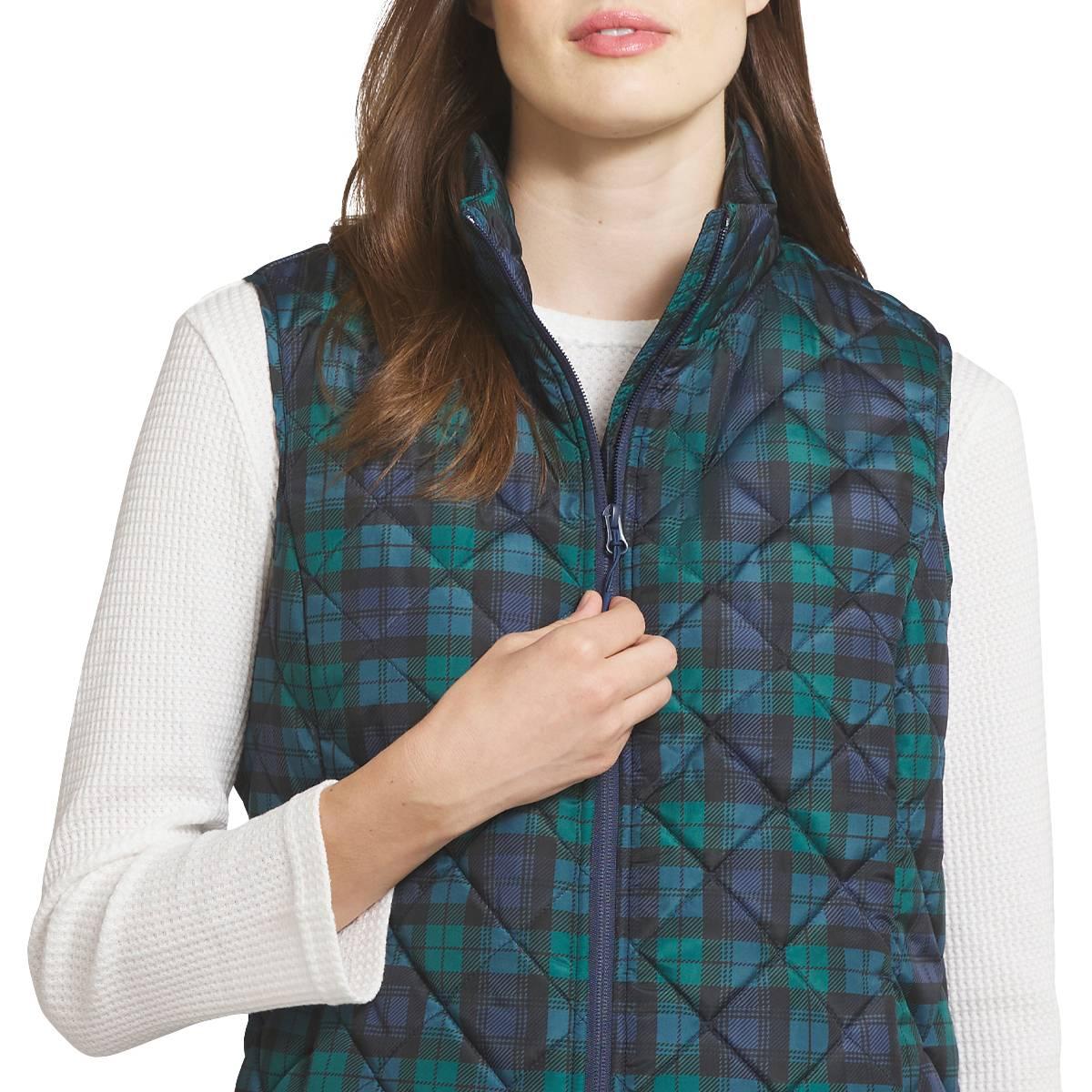 Womens LANDS’ END® Black Watch Plaid Mock Neck Zip-Up Puffer Vest