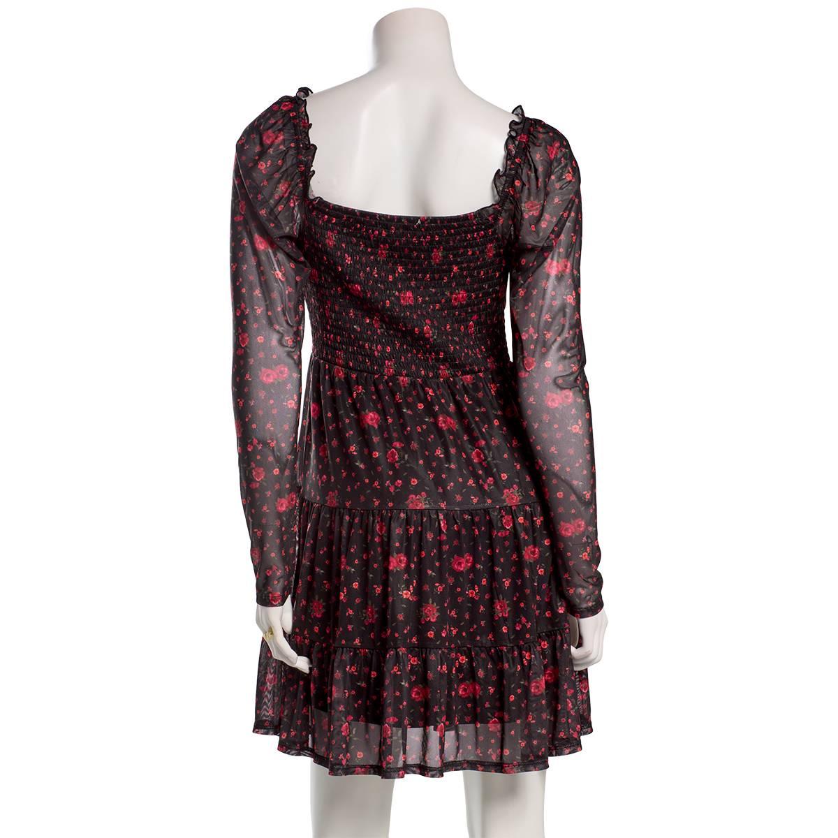 Juniors Jolt Long Sleeve Floral Print Smock Waist A-Line Dress