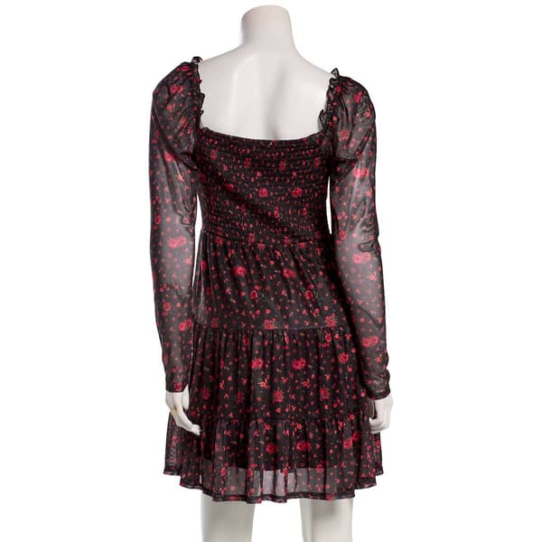 Juniors Jolt Long Sleeve Floral Print Smock Waist A-Line Dress