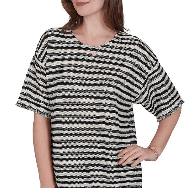 Womens Ruby Rd. Tropical Noir Texture Stripe Fringe Sleeve Blouse