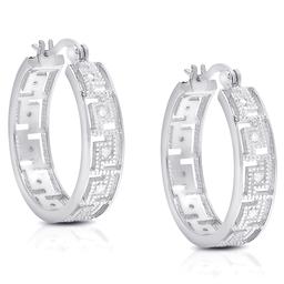 Accents by Gianni Argento Silver Diamond Greek Key Hoop Earrings
