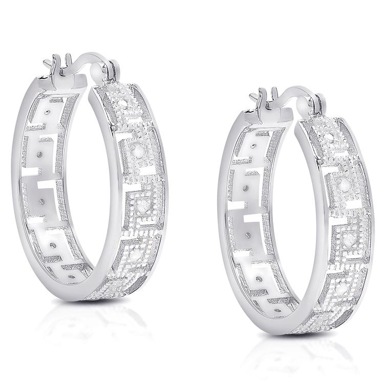 Accents by Gianni Argento Silver Diamond Greek Key Hoop Earrings