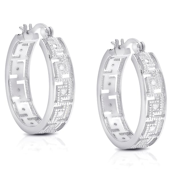 Accents by Gianni Argento Silver Diamond Greek Key Hoop Earrings - image 