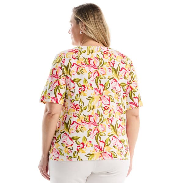 Plus Size Rafaella® Short Sleeve Petal Dance Pom Trim Blouse