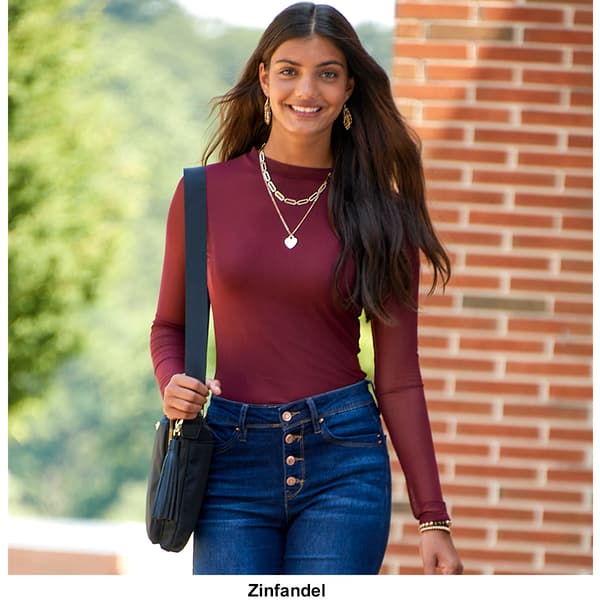 Juniors Self Esteem Long Sleeve Solid Mesh Mock Neck Bodysuit