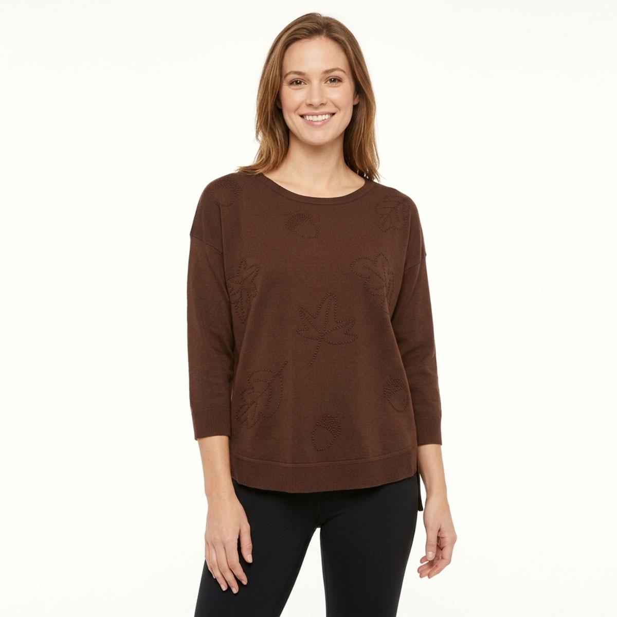 Womens Cable & Gauge 3/4 Sleeve Textured Leaf Sweater