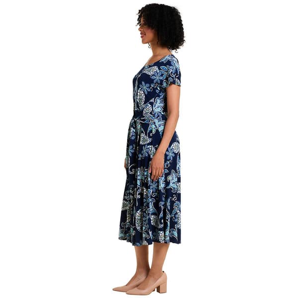 Womens Robbie Bee Short Sleeve Paisley Tie Waist A-Line Dress