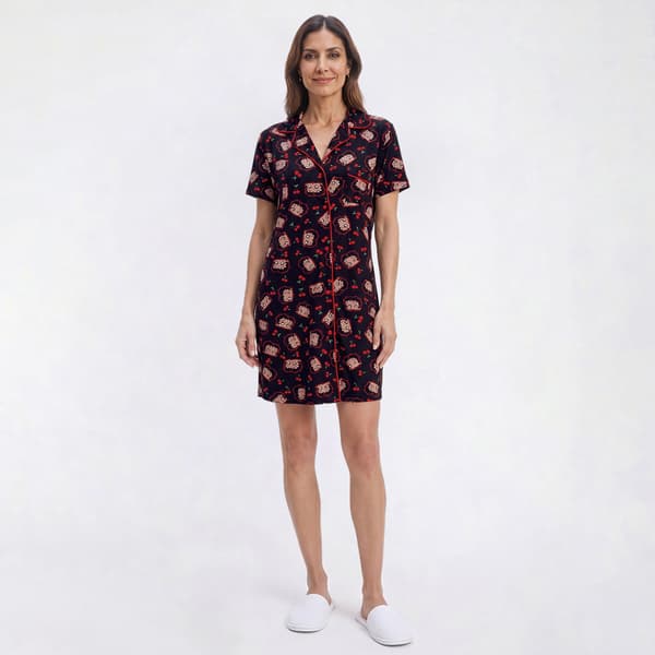 Juniors Betty Boop Cherries Short Sleeve Notch Collar Nightshirt - image 