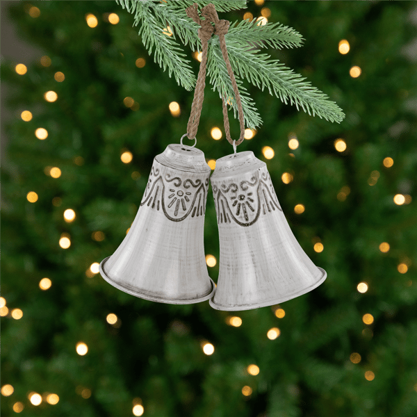 Northlight 2pc. Grey & White Embossed Bells Christmas Ornaments - image 