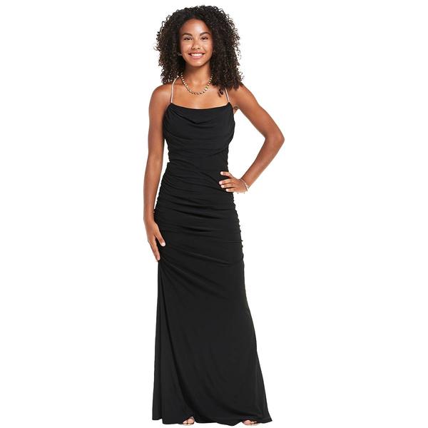 Juniors Crystal Doll Rhinestone X Back Drape Neck Gown