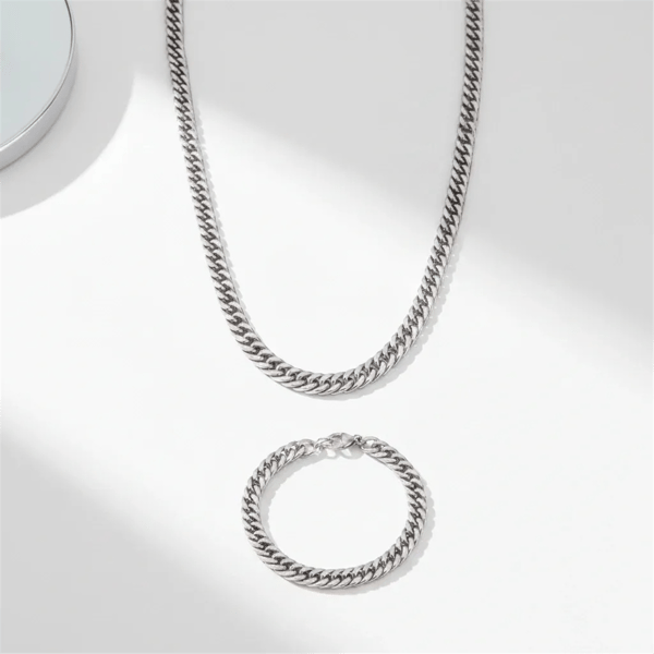 Mens Iron Saints 8mm Cuban Link Silver-Tone Necklace Bracelet Set