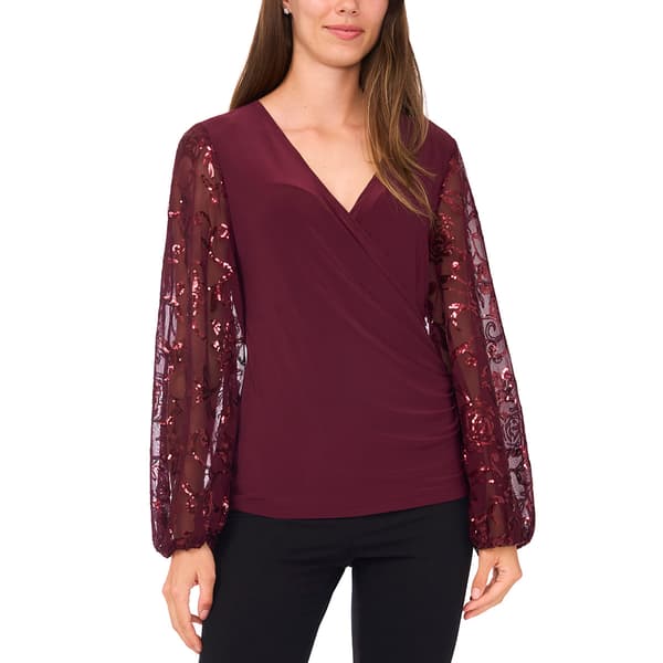 Petite MSK Mix Media Long Sleeve Surplice Neck Blouse - image 