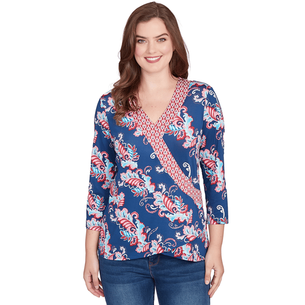 Plus Size Ruby Rd. Indigo Go Ikat Floral Puff Print Surplice Top
