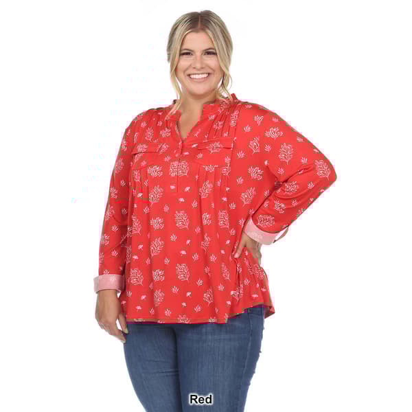 Plus Size White Mark Pleated Long Sleeve Leaf  Blouse