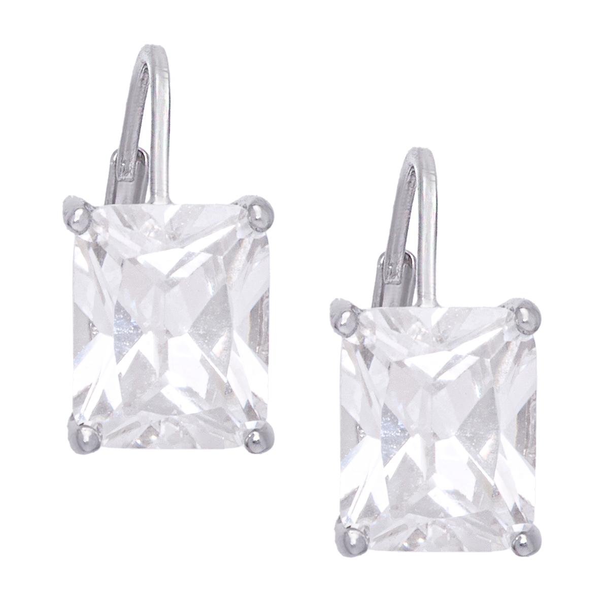 Sterling Silver Emerald Cut Cubic Zirconia Lever Back Earrings