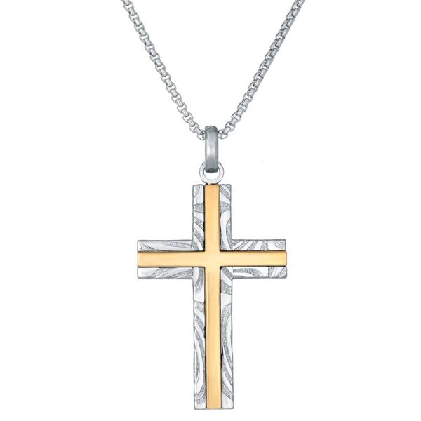 Mens Lynx Damascus Steel 24in. Gold-Tone IP Cross Chain Pendant - image 