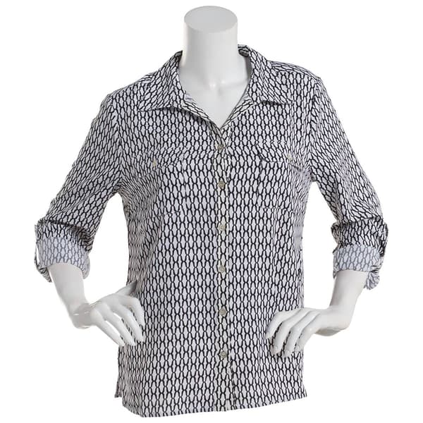 Petite Notations 3/4 Roll Tab Equipment Geo Casual Button Down