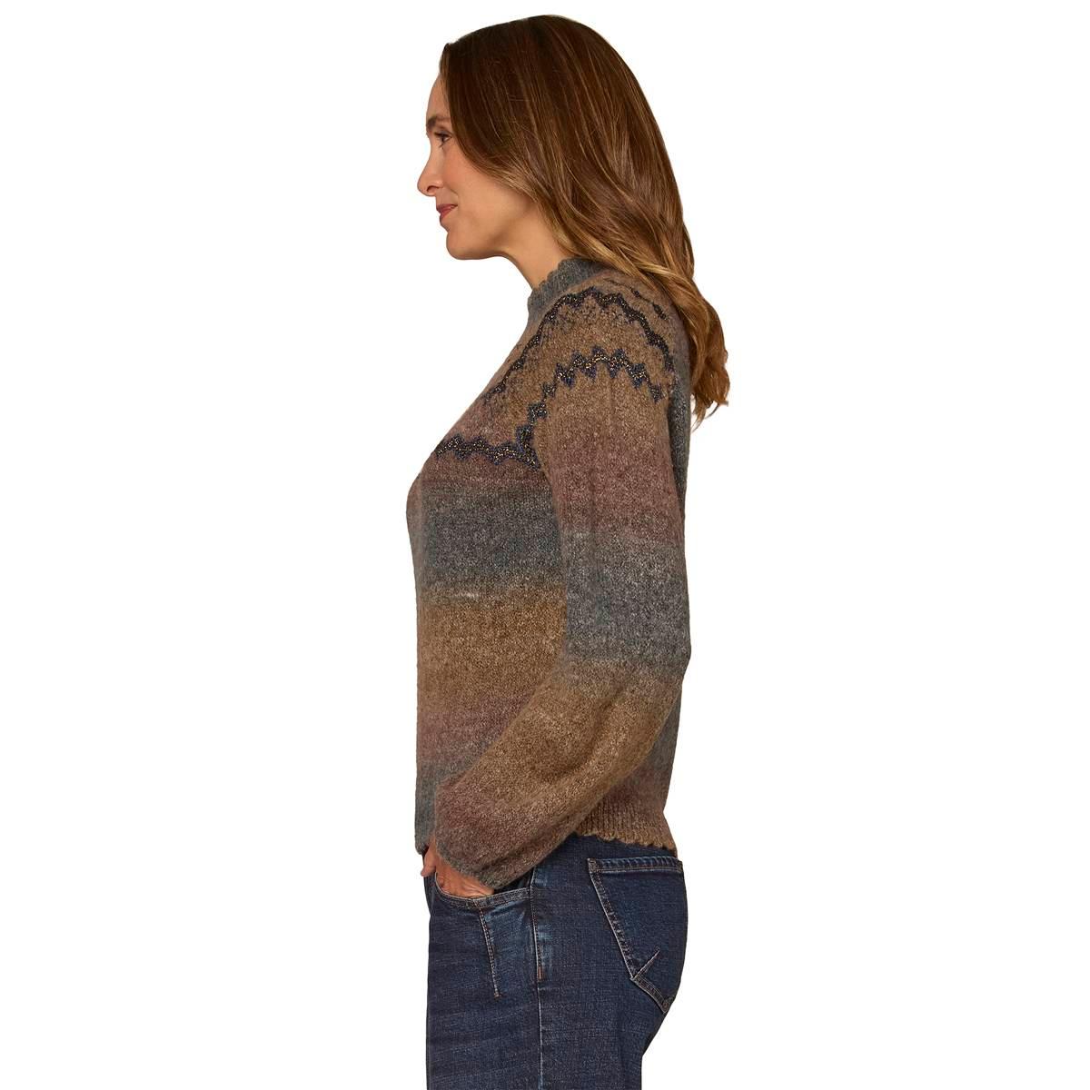 Womens Democracy Long Sleeve Scallop Trim Ombre Sweater