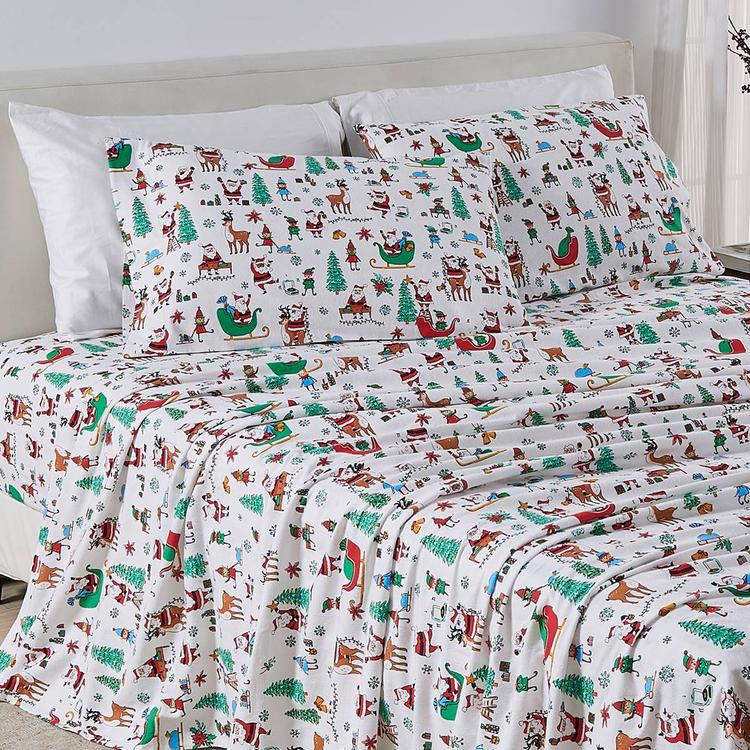 Freshfolds Cotton Santa Joy Holiday 4pc. Flannel Sheet Set
