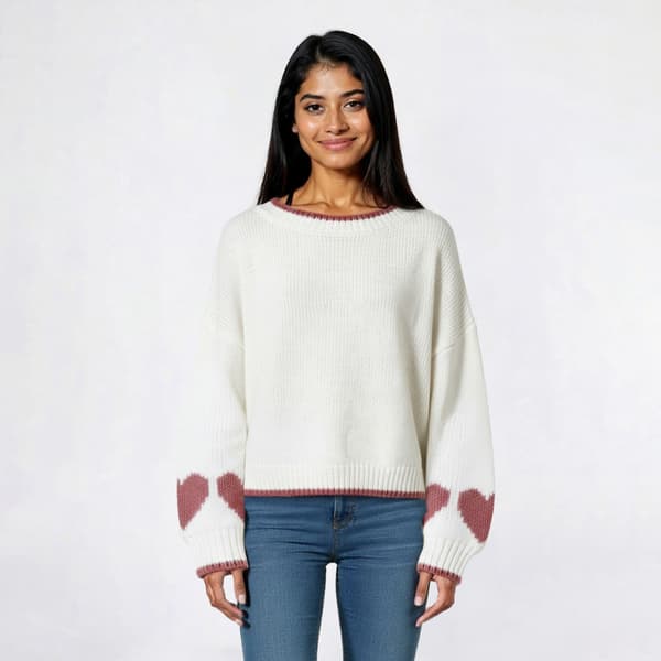 Juniors Pink Rose Oversized Balloon Heart Sleeve Sweater