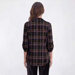 Womens Notations 3/4 Sleeve Plaid Pleat Blouse - Black Rust