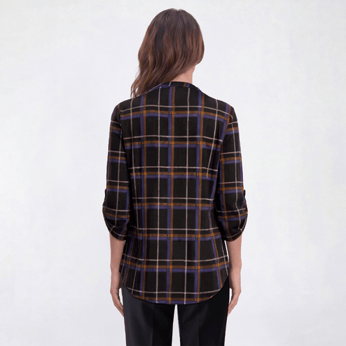 Womens Notations 3/4 Sleeve Plaid Pleat Blouse - Black Rust