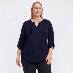 Plus Size Notations 3/4 Sleeve Solid Hacci Pintuck Blouse
