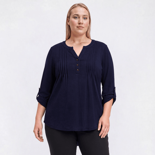 Plus Size Notations 3/4 Sleeve Solid Hacci Pintuck Blouse