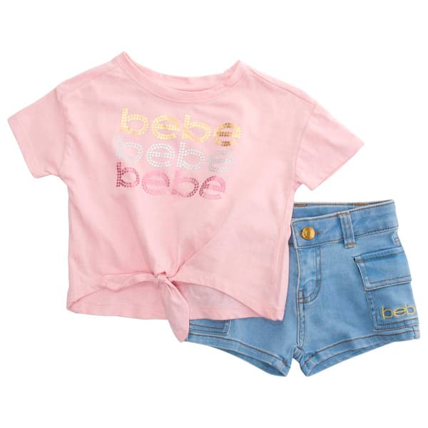 Toddler Girl Bebe Foil Logo Short Sleeve Top & Denim Shorts Set