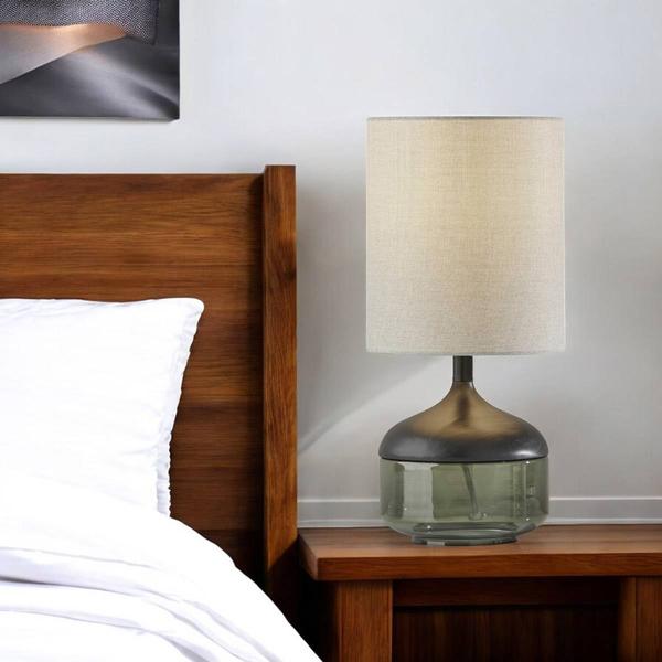 HomeRoots 16in. Dark Green Wood and Smoked Glass Table Lamp