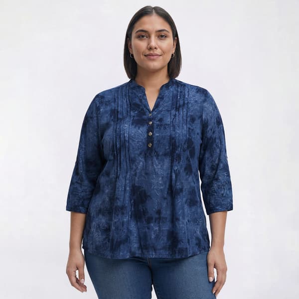 Plus Size Notations 3/4 Tab Sleeve Jacquard Tie Dye Henley Blouse - image 