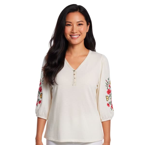 Womens French Laundry 3/4 Floral Embroidery Sleeve Blouse