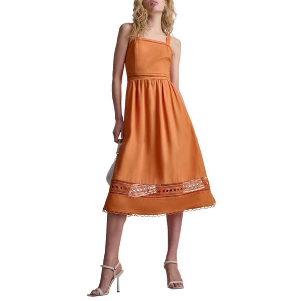 Womens DKNY Sleeveless Solid Linen Loop Lace Detail Dress