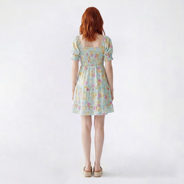 Juniors No Comment Short Sleeve Puff Smock Bodice Tier Dress