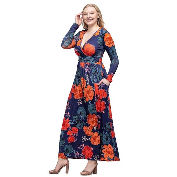 Womens 24/7 Comfort Apparel Navy Floral Long Sleeve Maxi Dress
