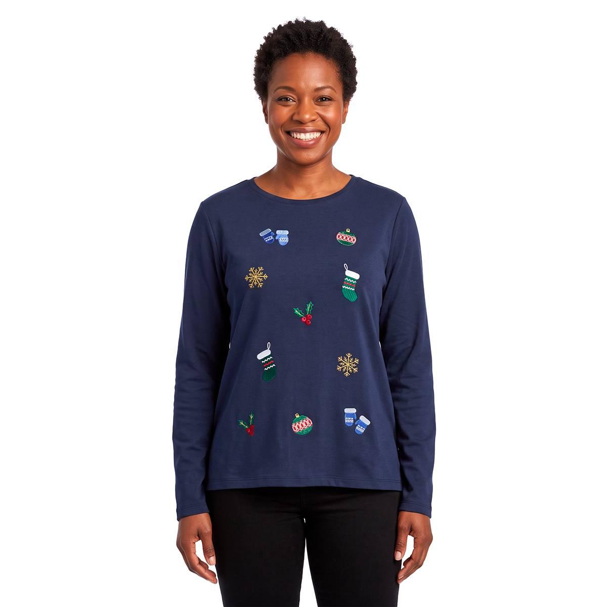 Womens Hasting & Smith Long Sleeve Tossed Holiday Icons Tee