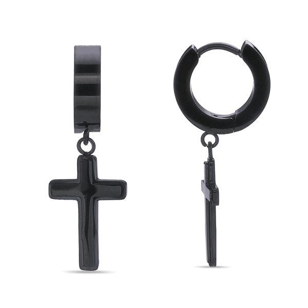 Mens Lynx Black Ion Plated Stainless Steel Cross Hoop Earrings