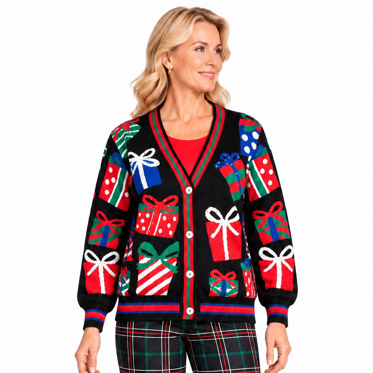 Petite Multiples Long Sleeve Holiday Presents Button Front Cardi