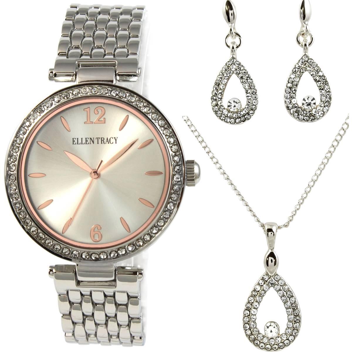 Womens Ellen Tracy Silver Crystal Watch Pendant & Earring...