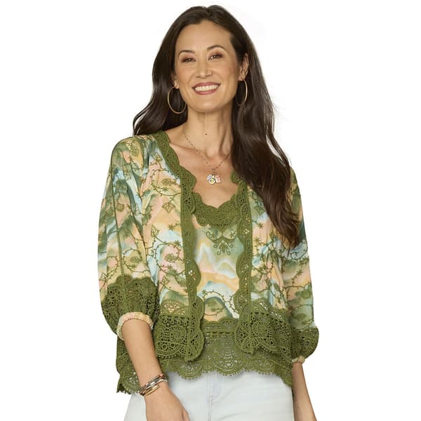 Womens Democracy 3/4 Blouson Sleeve Open Front Crochet Jacket - image 