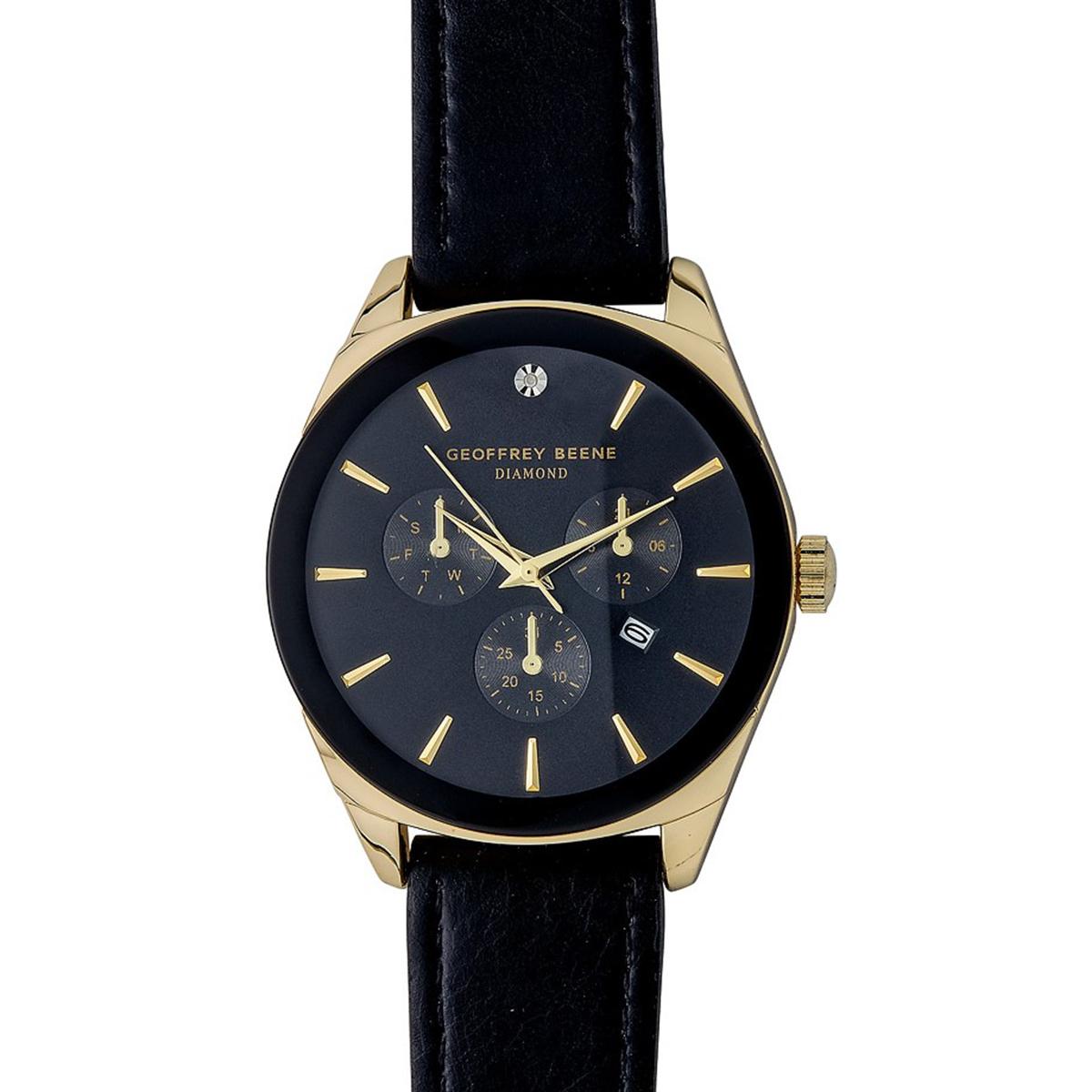 Geoffrey Beene® Gold-Tone Diamond Black Strap Watch -...