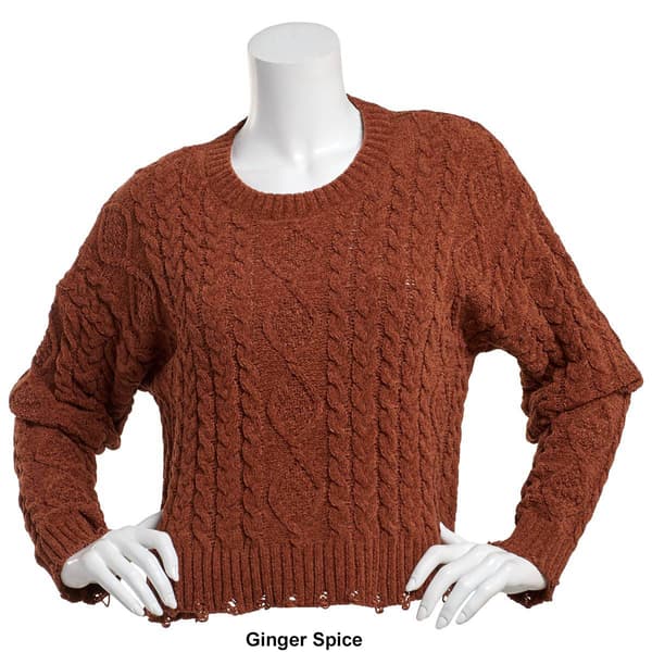 Juniors Pink Rose Carson Distressed Cable Knit Sweater