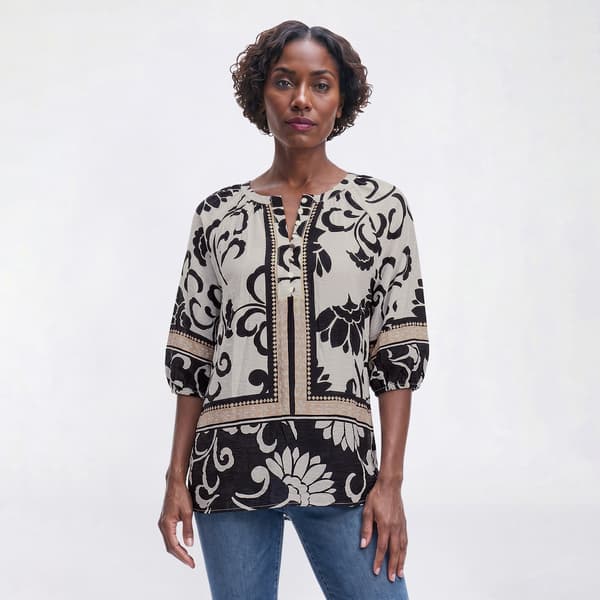 Womens Como Black Elbow Sleeve Vine Woven Henley Blouse - image 