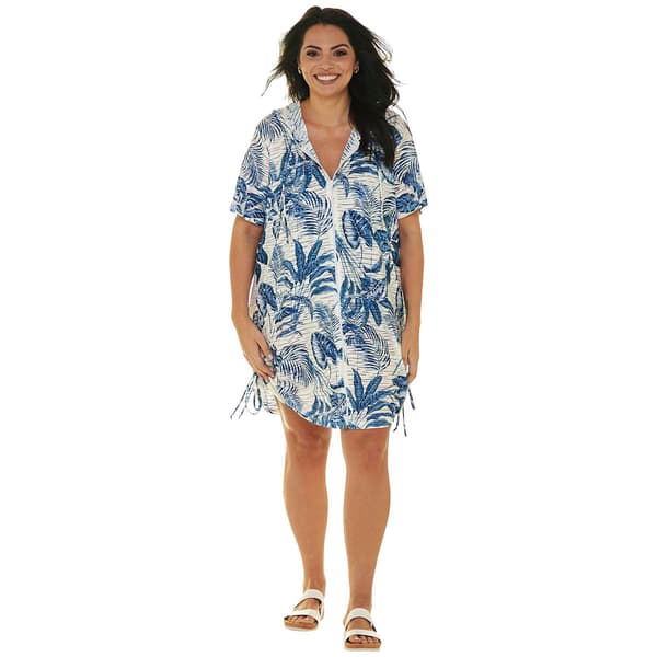 Plus Size J Valdi Botanical Short Sleeve Zip Cover-Up w/ Side Tie - image 