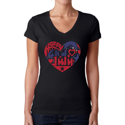 Womens LA Pop Art July 4th Heart Word Art V-Neck T-Shirt