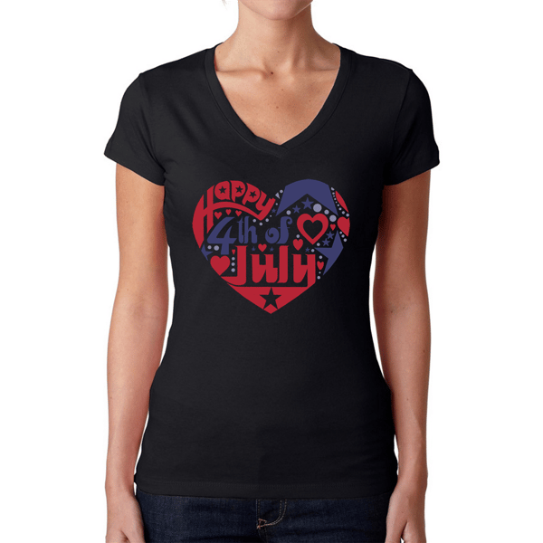 Womens LA Pop Art July 4th Heart Word Art V-Neck T-Shirt - image 