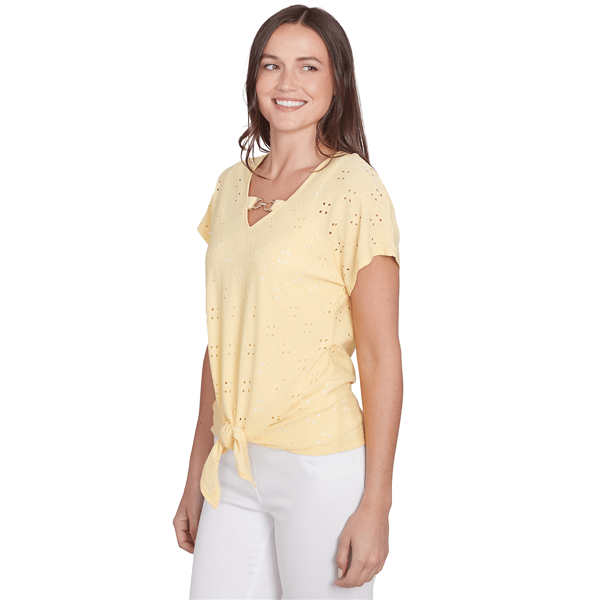 Womens Hearts of Palm Peachy Keen Eyelet Tie Front Blouse