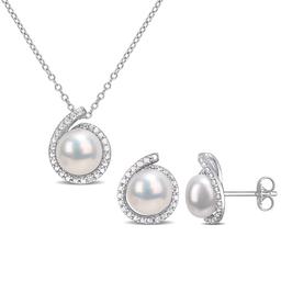 Gemstone Classics(tm) White Pearl & Diamond Earrings & Pendant Set