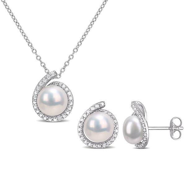 Gemstone Classics&#40;tm&#41; White Pearl & Diamond Earrings & Pendant Set - image 