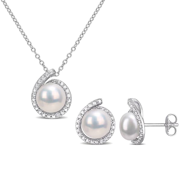 Gemstone Classics(tm) White Pearl & Diamond Earrings & Pendant Set - image 